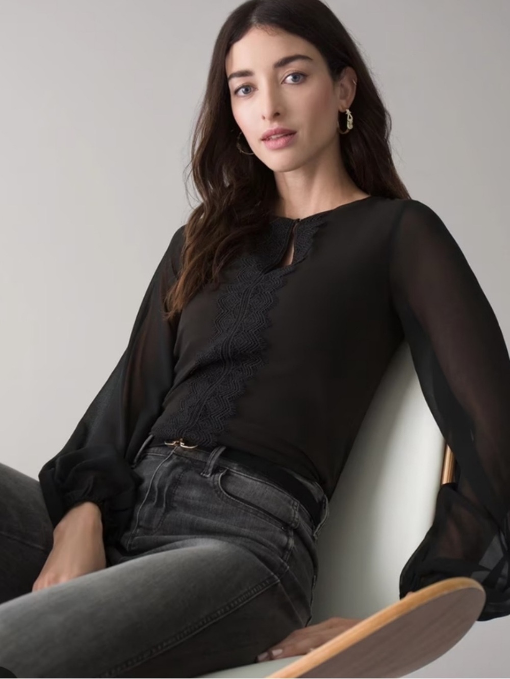 WHBM Lace Crepe Long Sheer Sleeve Market Blouse Women’s SZ L in Black - Picture 3 of 9
